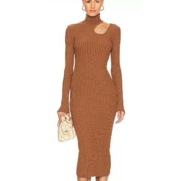 Anine Bing NWT Victoria Ribbed Midi Cut Out Dress Camel Bodycon - Picture 1 of 14